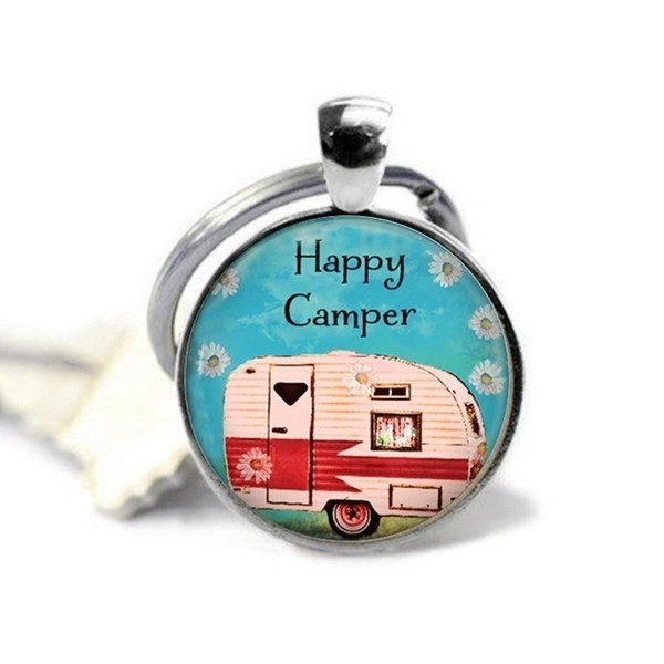 2018 new happy camper alloy keychain happy camping jewelry camping trip camping pendant key chain charm cabochon crystal keychain