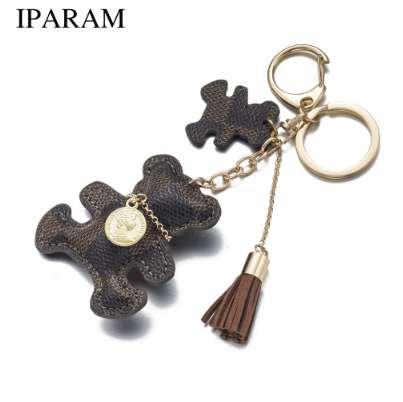 IPARAM New Fashion PU Leather Bear Key Chain Tassel Key Ring Car Bag Keychain For Women Jewelry Accessories Gift