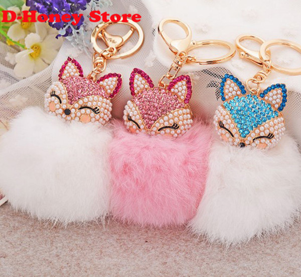 16CM rabbit fur fox key chains Bling Rhinestone Fox Real Rabbit Fur Ball Fluffy Keychain Car Key Chain Ring Pendant Bag Charm