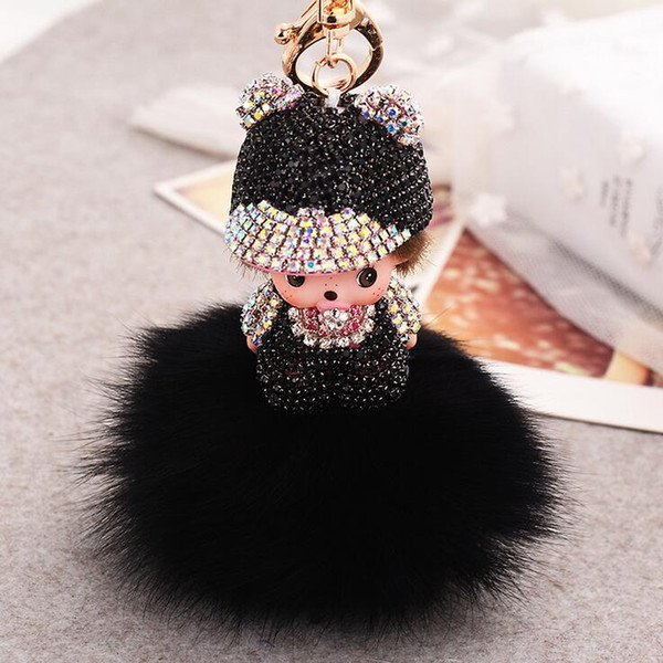 Hot Selling Monchichi Key Chain Soft Real Rabbit Fur Ball Plush Pompom Monchhichi keychain / Women Handbag Key Ring Pendant