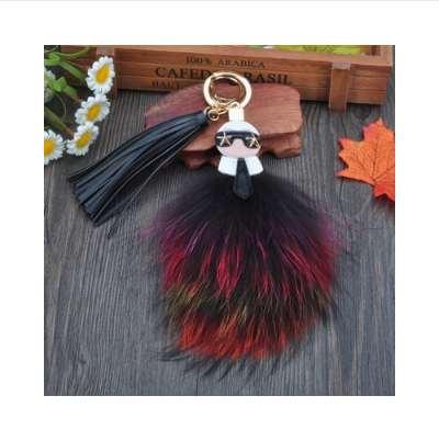 Fluffy Big Brand Karl Genuine Raccoon Fur Pompom Monster Bag Bugs Charm Keychain Plush Key Ring Leather Tassel Pompom K001-multi