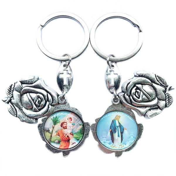 Retro Religious Antique Silver Enamel Jesus Sliding Rose Petal Keychain Catholic Key Rings Accessories Christmas Gift