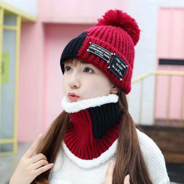 Winter Warm Pom Poms Wool Hat And Scarf Set For Women Patchwork Thick Knitted Windproof Hats Scarf Set Women Beanie Hat Skullies