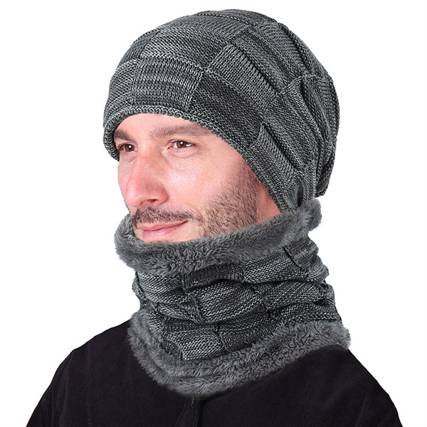 2 Pieces Beanie Hat Scarf Set Winter Plush Warm knit hat + Bib Thick Skull Cap Unisex Plush Knit Cap Bib Set chic men earmuffs
