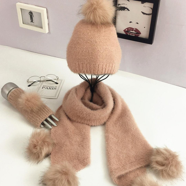 Knitted Wool Winter Hat Scarf Gloves Set Women Warm Three sets Women Men Plus velvet thickening ball caps scarf girls