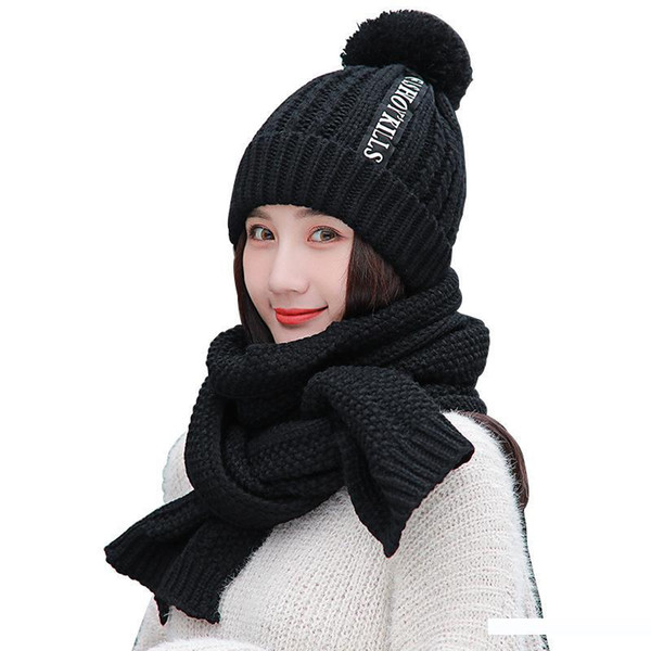 2 Pieces Set Winter Thick Knit Hat And Scarf Plus Velvet Warm Cap Long Scarf Black Letter Hat Red Scarves Girl For Gift Set