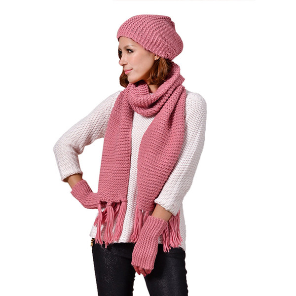 Fashion Winter Women Hat Solid Wool cap+scarf+glove Knitted Woolen Crochet Fur Wool Knit Beanie Warm Girl Shawl Suit