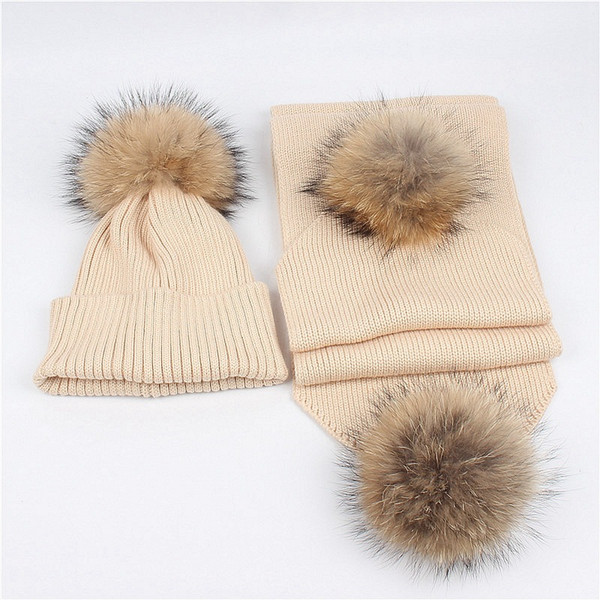 Maylisacc 2019 New Raccoon Hair Ball Wool Pompom Hat Scarf Set Autumn and Winter Woman Outdoor Warm Parent-child Set Hat Scarf