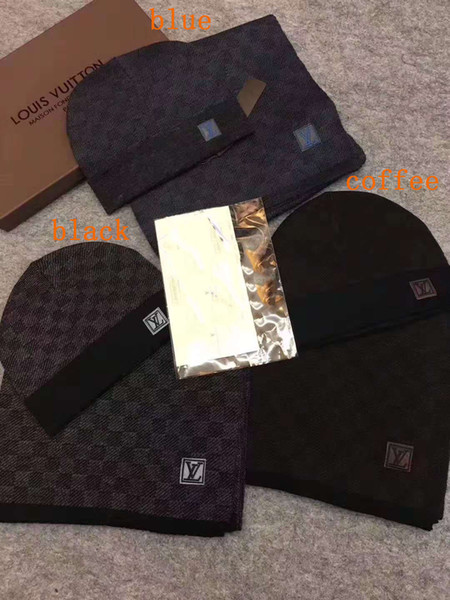 Top Quality Mens Scarf Hat Suit for winter Designer man 100% wool Scarvers Size 180x32cm long scarves hat Sets 4 color best quality