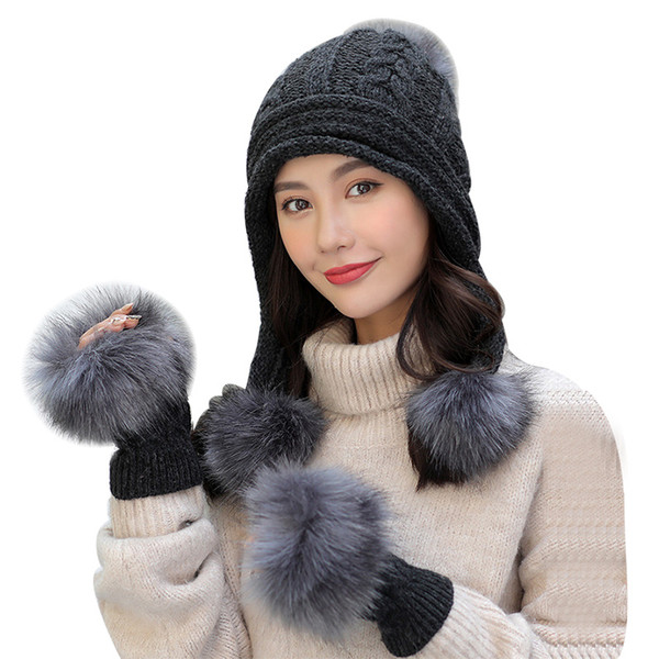 Faux Fur Gloves Winter Hats For Women Solid Plus Velvet Thick Bonnet Fashion Ladies Pompom Knit Beanie Warm Soft Skullies Set