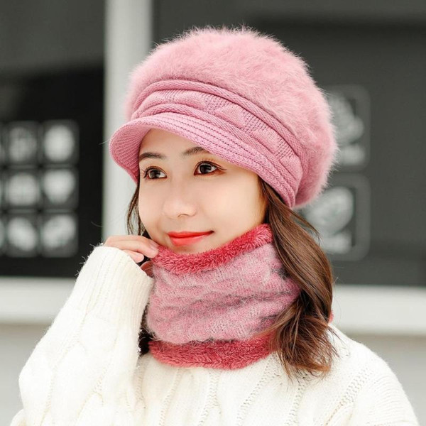 2019 Warm Beanies Hat For Girl Ring Scarf Pompoms Winter Hats Knitted Caps Scarf 2 Pieces Fashion Winter Hat Set For Women