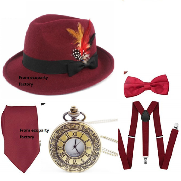 1920s Mens Gatsby Costume Accessories,Manhattan Fedora Hat w/Feather,Vintage Pocket Watch,Suspenders,Pre Tied Bow Tie Coldker