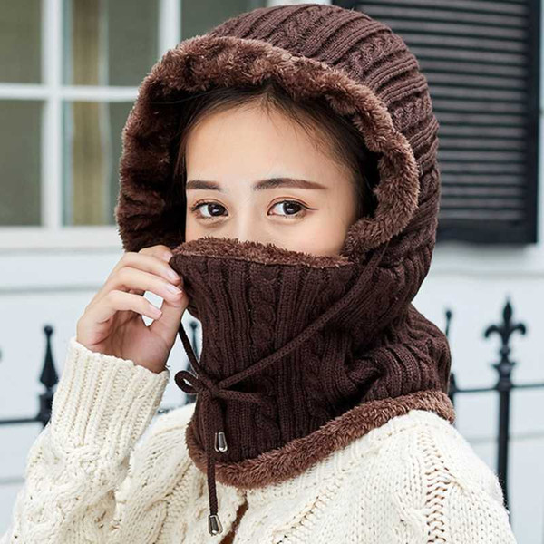 HT2712 Women Winter Accessories Thick Warm Windproof Earflap Cap Ladies Knitted Hat with Scarf Female Solid Winter Set Beanies