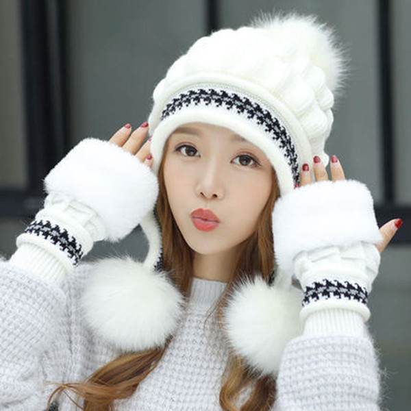 Fashion Women Knitted Hat Gloves Set Xmas Warming Beanie Hat Full Cover Glove Kit for Winter HSJ88