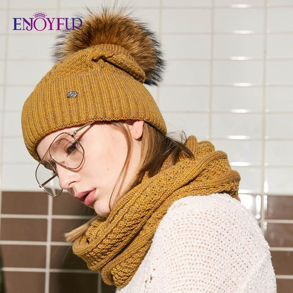 ENJOYFUR Fashion Winter Hat And Scarf Set Women Cashmere Hat Scarf Female Thick Warm Fur Pompom Knitted Hats Lady Warps