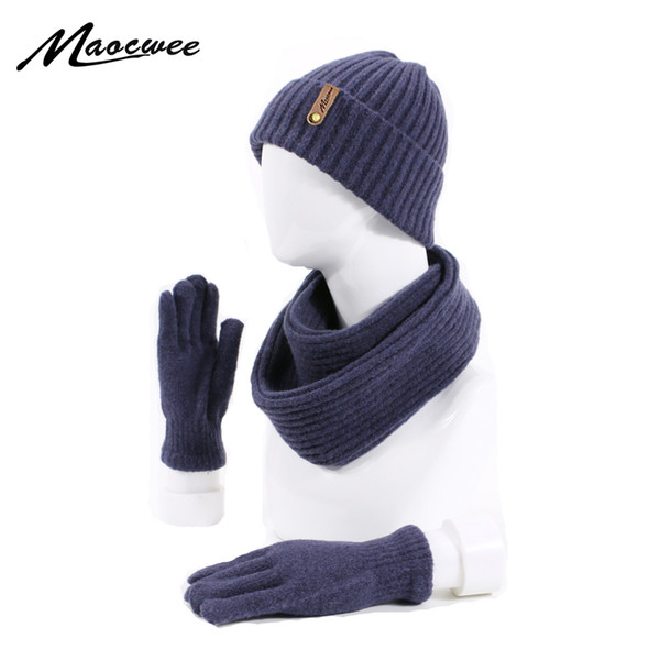 Winter Women Men's Hat Scarf Gloves Set Knitted Outdoor Warm Thicken Unisex 3 Pieces Set Casual Solid Color Hat Scarf Gloves