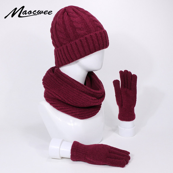 Three-piece Knitted Beanie Hat Scarf Gloves Set Winter Warm Outdoor Knitting Thickening Scarf Hat Gloves Set Windproof Warm Hats