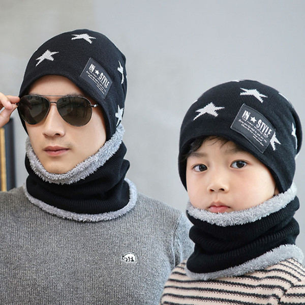 Men Knitted Skull Caps Beanie and Scarf Set Classical Casual Sport Thickened Flannelette Caps Ski Parent-child hats and Scarves 0006HT