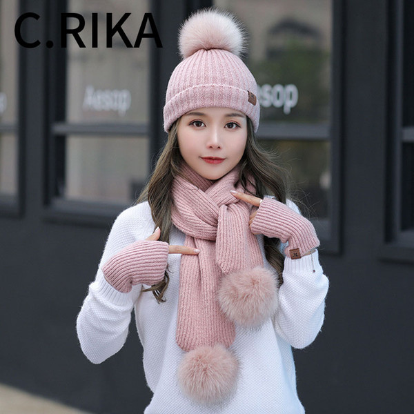 2019 Wool Knitted Winter Hats for Women's Hat Scarf Glove Set 3 Piece Sets Fashion Pom Pom Cap Gorros Bonnet Beanie Skullies