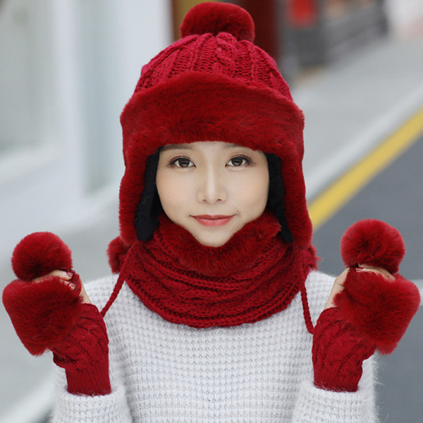 HT2136 Women Scarf Hat Glove Set Warm 3 Pieces Winter Set Earflap Hat Scarf Glove Women Knitted Thick Winter Accessories