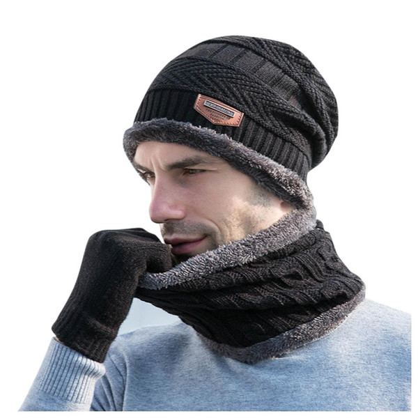 2 PCS Outdoor 6 Colors Knitting Scarf Hat Men's Hat Sleeve Bib Gloves Set Plus Velvet Thick Wool Autumn Winter Knitted