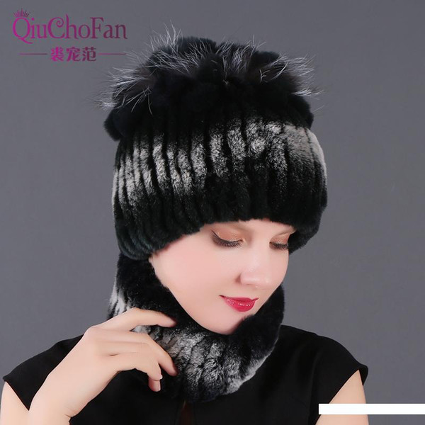 Winter 100% Real Rex Fur Women Hat Scarf Sets Comfortable Warm Vintage Fur Casual Female Ladies Caps Scarves New Arrival