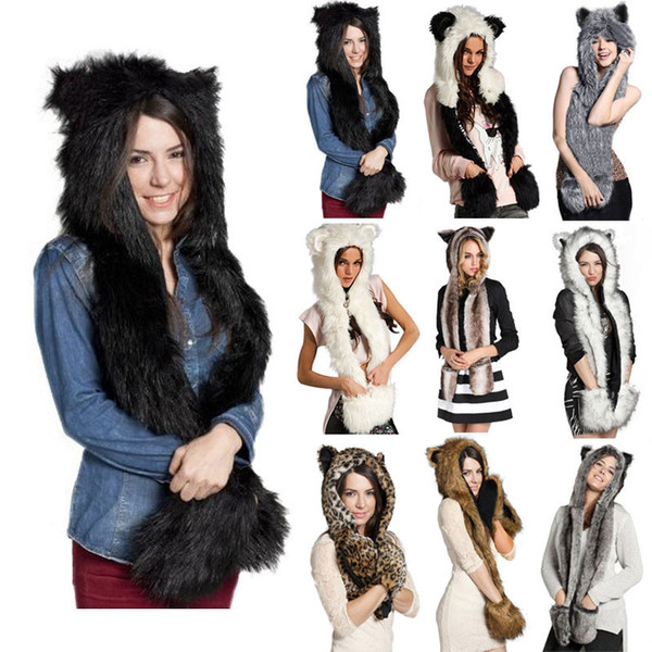 Wholesale Fashion Warm Winter Scarves Faux Animal Fur Hat Fluffy Scarf Shawl Glove Plush Cap Gloves Hats Free Shipping