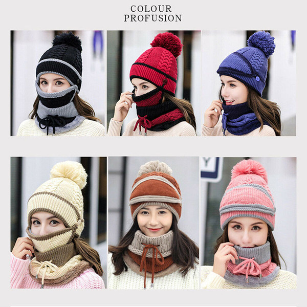 Women Knitted Beanie Scarf Hat Face Mask Set Snood Neck Winter Pompom Cap Thicken M8694