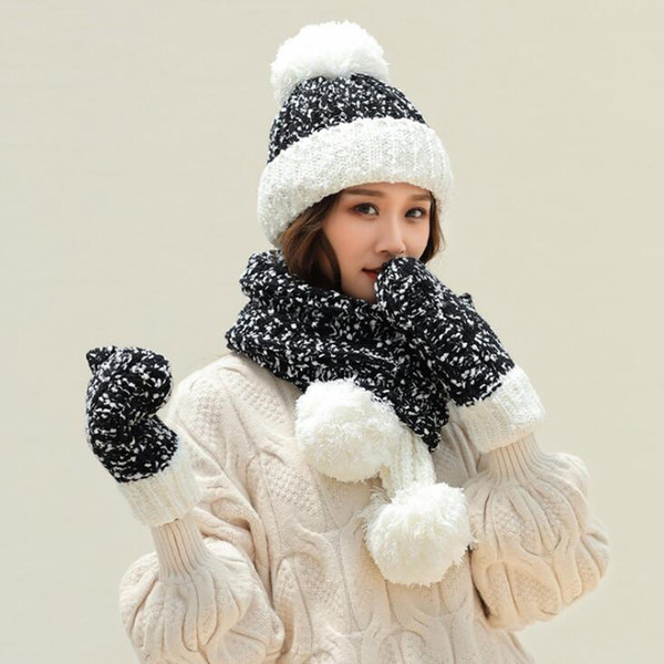 3pcs/set Women Hat And Scarf Gloves Women Kitted Winter Hats For Girls Women's Hat Thick Warm Scarf Glove Set