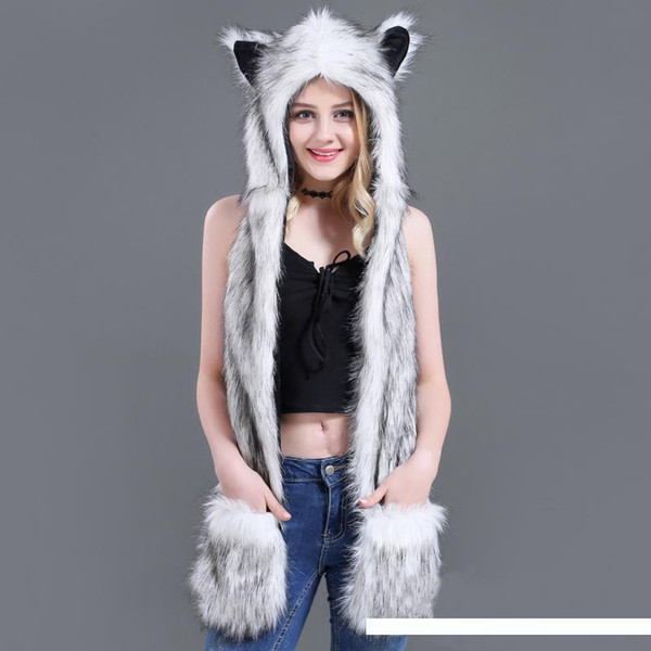 NSH001 3 in 1 Women Winter Set Warm Soft Hood Scarf Hat Gloves Set Flush Caps Faux Fur Animal Hats for Women Long Winter Cap