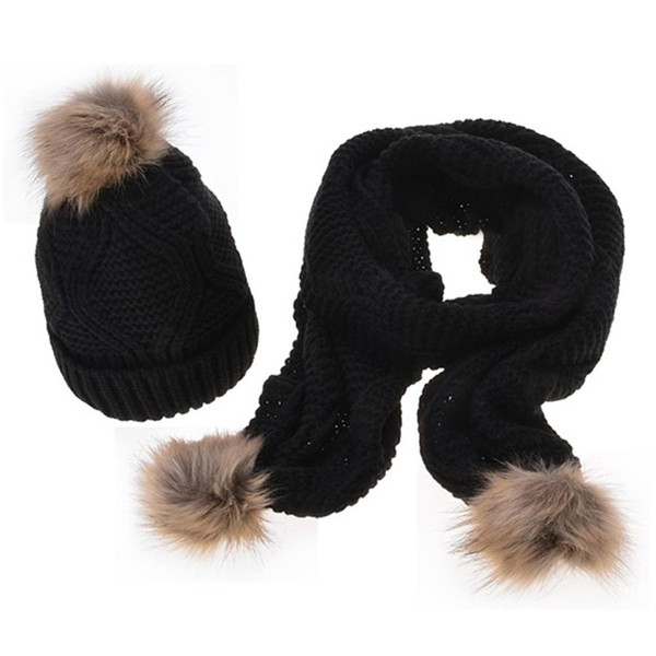 Autumn And Winter New Arrive Fashion Women's Wool Keep Warm Computer Knitting Solid Knit Scarf Hat Set With Pompom Decoration
