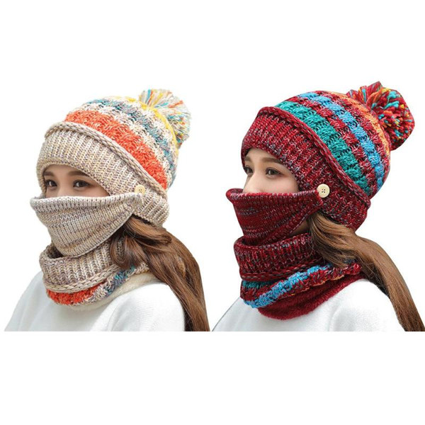 Winter Tide Warm Wool Female Knitted Hat Mask Scarf Set Sweet Cute Lady Cycling Cold Velvet Earmuffs Knit Riding Cap 30E