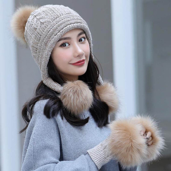 Calymel New Knitted Wool Hat Gloves Set Ladies Autumn And Winter Large Hairball Plus Velvet Thick Warm Sweet Cute Set