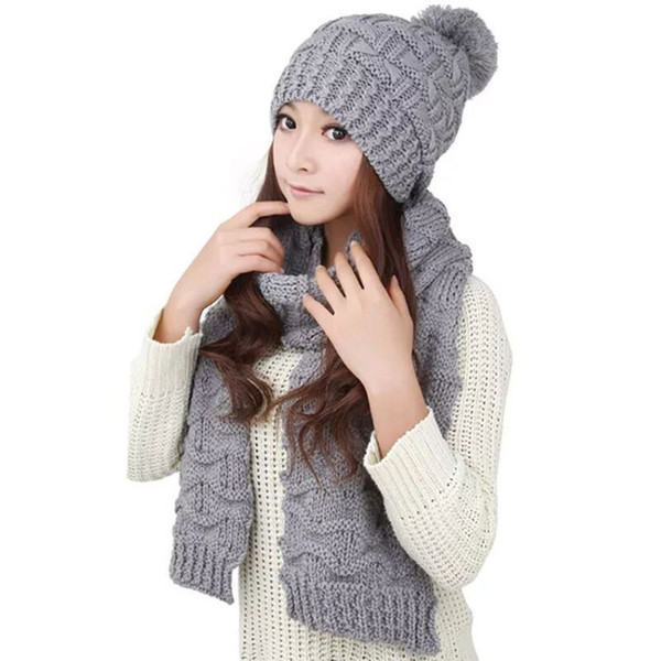 Women Winter Crochet Knit Hat Scarf Set Solid Color Pompom Beanie Cap Neck Shawl