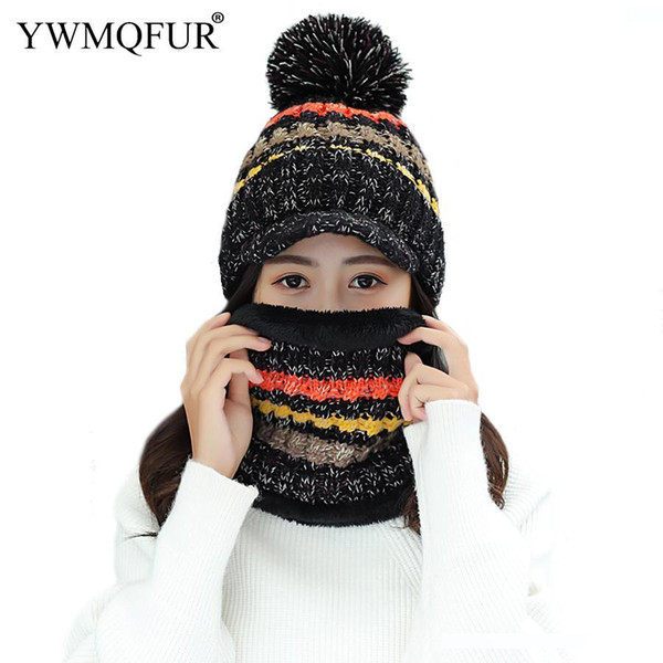 Winter Thickening Warm Hat Scarf Sets For Women Patchwork Outdoor Lady PomPom Beanies Caps Female Rings Scarves 2018 New Arrival