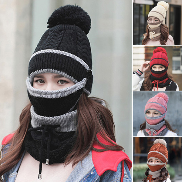 2019 Women 3-Piece Set Winter Beanie Scarf Mask Warm Short Plush Thick Cap Soft Knit Female Outdoor Winter Warm Accessories