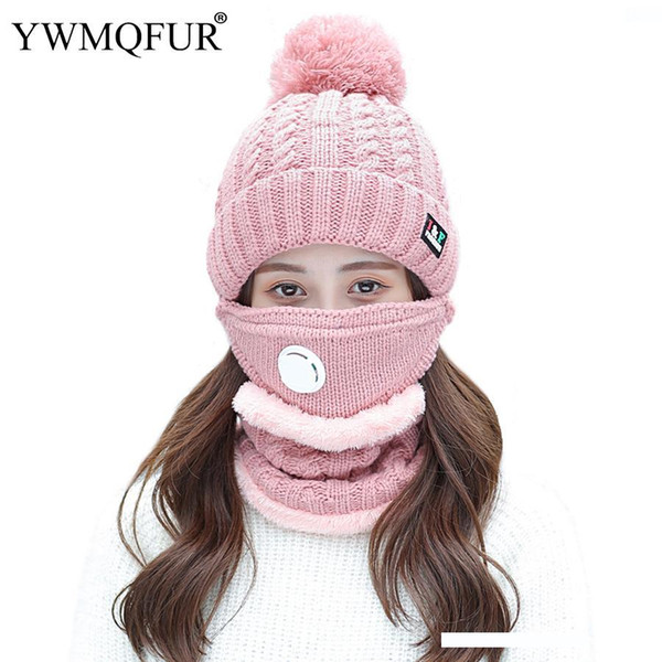 2018 Winter Solid Vintage Knit Hat Scarf Mask Sets For Women Warm Lady Beanies Caps Girl Outdoor Warm Mask Female Rings Scarves