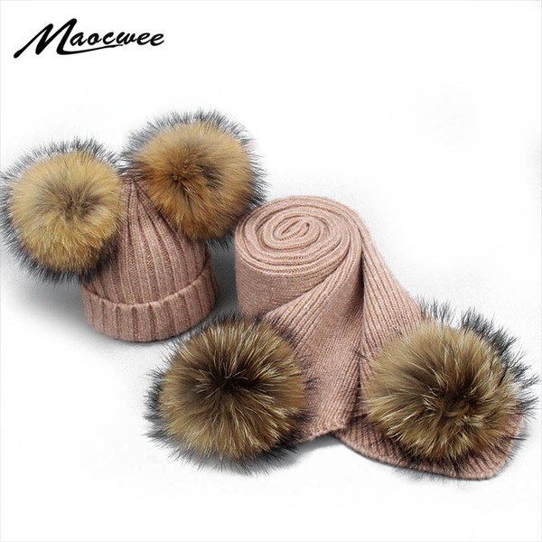 Real Raccoon Fur Pompom Wool Hat Scarf Set For Baby Women Winter Knitted Hat With Real Fur Pom Children Female Thick Warm Beanie