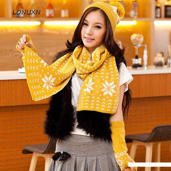 High quality 3 pieces lot 7 colors Hats+ scarves+ gloves Korean fashion winter women warm knitting Snowflake Christmas gift