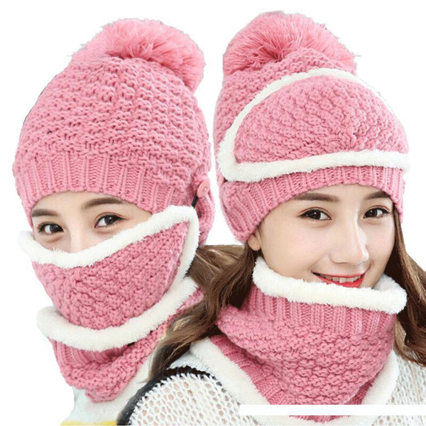 SUMEIKE Cycling cap female winter thick warm knit hat mask collar three-piece winter earmuffs wool hat