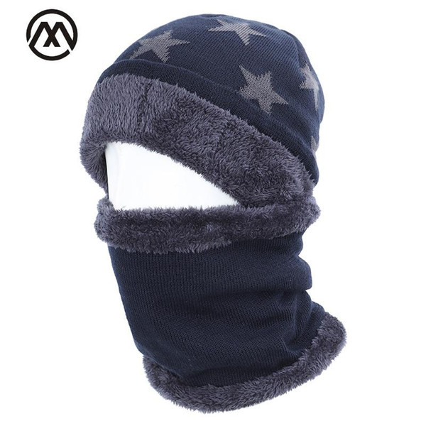 2019 new five-star cotton hat scarf set men and women winter hat scarf 2 sets plus velvet thick warm velvet male peas