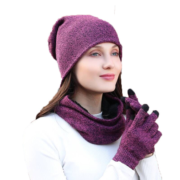 3 Pcs/Set Fashion Winter Hats Scarf Gloves For Women Men Thick Cotton Winter Accessories Set Female Male Beanie Scarf Gloves