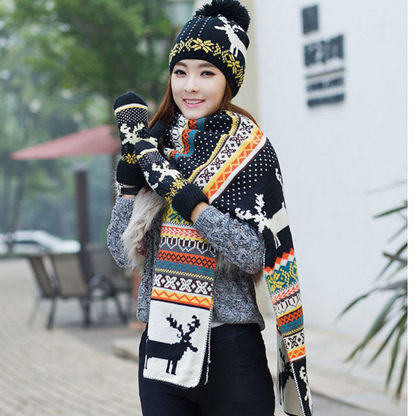 Winter New Women's Christmas Scarf Hat Gloves Three-piece Furry Knit Elk Scarf Set Girl's Lovely Birthday Christmas Gift Suit