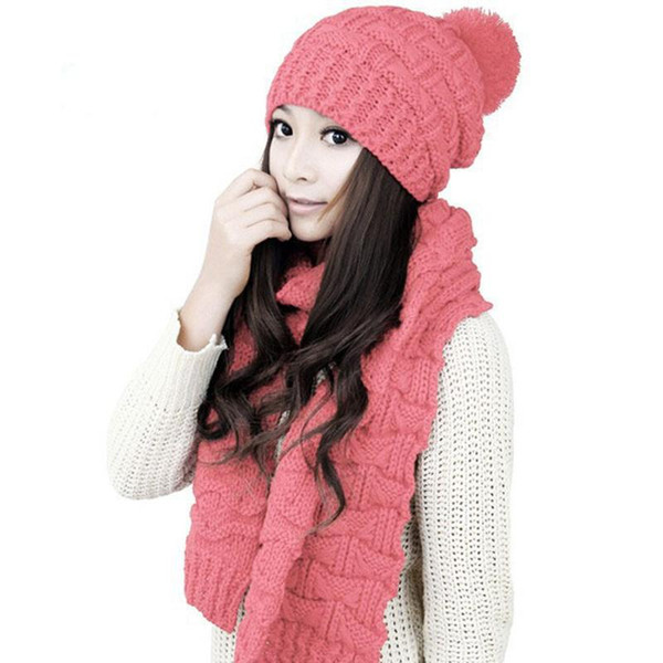 Women's Winter Hat and Scarf Set crochet braid chunky Knitted Hat beanies Female Woman Pompom Bonnet Thick Warm Ski Cap pink