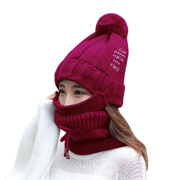 New Design Winter Warm Women's Warm Solid Plus Thicken Scarf Mask Hat Three-Piece Knit Windproof Cap Christmas Gifts