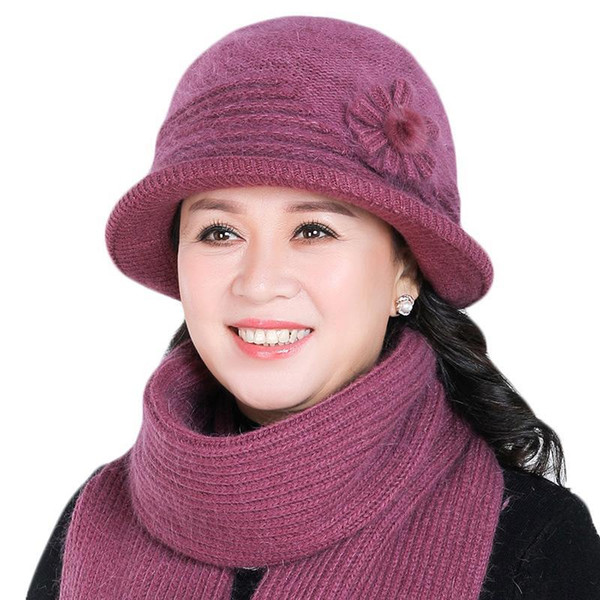 Women Fur Knitted Hat Scarf Set Mom Lady Casual Hats Winter Thick Plus Velvet Hat Scarf Set for Women Cap Scarves 2pcs