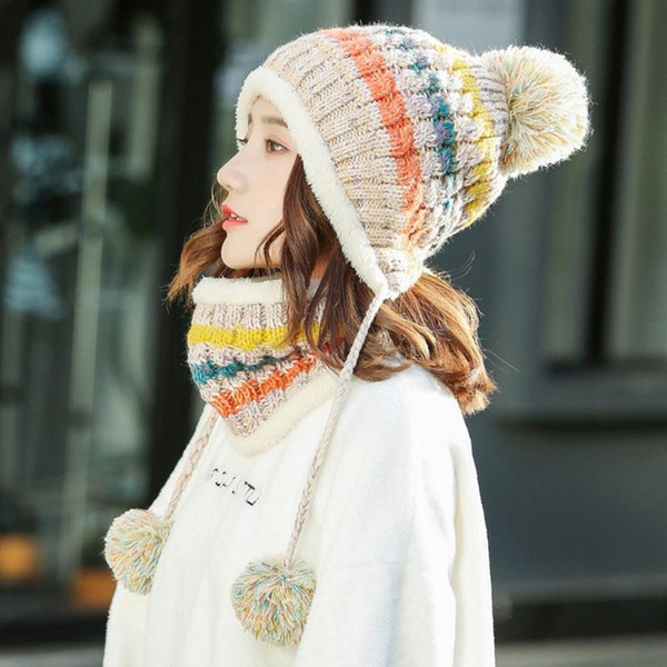 6 Style Winter Women Knitted Hat Scarf 2Pcs Set Fashion Wool Thickening Hat Collars Female Warm Scarf Set Snow Caps