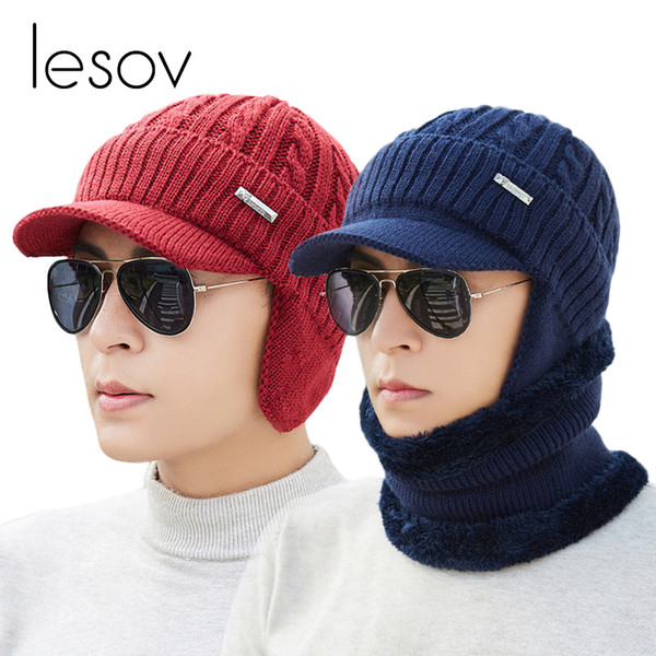 Lesov 2 pcs/set Ear Flaps Knitted Beanie Hat With Collar Scarf Men Warm Plush Winter Hat Scarves Slouchy Sport Visor Sun Cap New