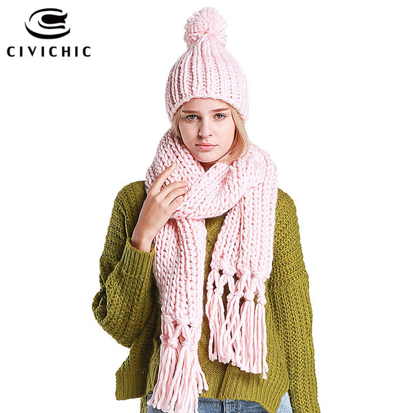 CIVICHIC 7 Colors High Quality Handmade Scarf Hat Two Piece Set Crochet Tassel Twist Long Thicken Warm Shawl Chic Headwear SH105