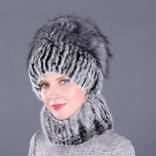 Newest Elastic Knitted Fur Beanies And Collars with Pomom Genuine Faux Fur Winter lady Cap Real Hat & Scarf